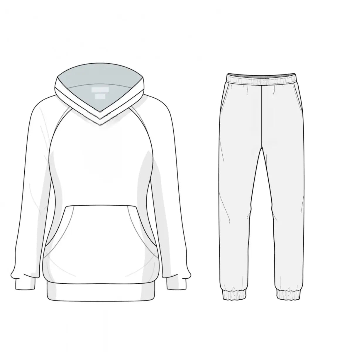 Een tekening van een casual outfit bestaande uit een comfortabele top met capuchon en een broek met een elastische band. De top heeft lange mouwen.
foto: voorbeeld huispak zwart